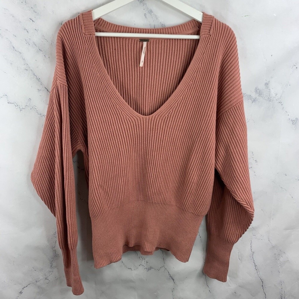 Free People Allure Pullover Knit Ribbed Pink Sweater Plunge V Neck Loose Sz S